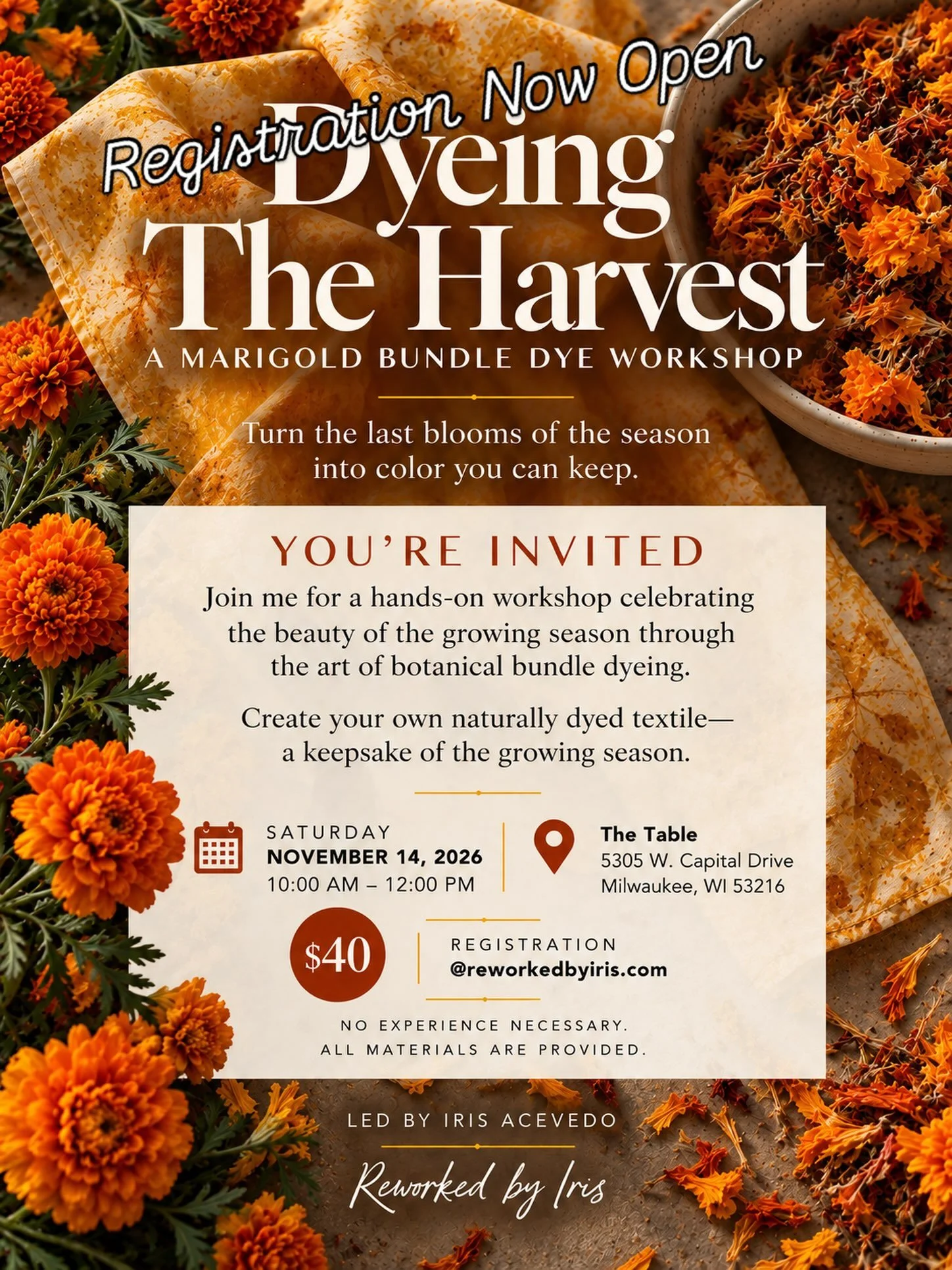 🌼 Dyeing the Harvest: A Marigold Bundle Dye Workshop

There&rsquo;s something beautiful about discovering the color that nature has to offer.

Join me for a morning of creativity, connection, and exploration as we transform marigolds into beautiful,