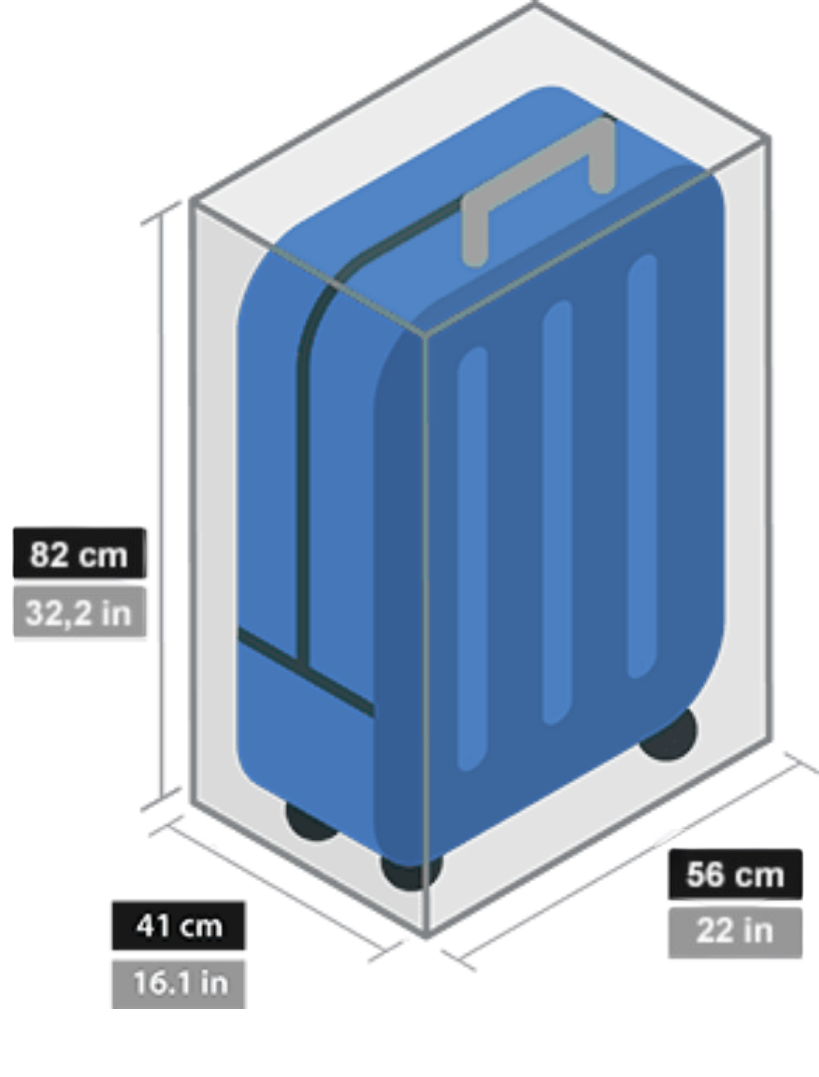 A digital illustration of a blue rolling suitcase with dimensions marked: 82 cm (32.2 inches) in height, 41 cm (16.1 inches) in width, and 56 cm (22 inches) in depth, placed on a gray background.