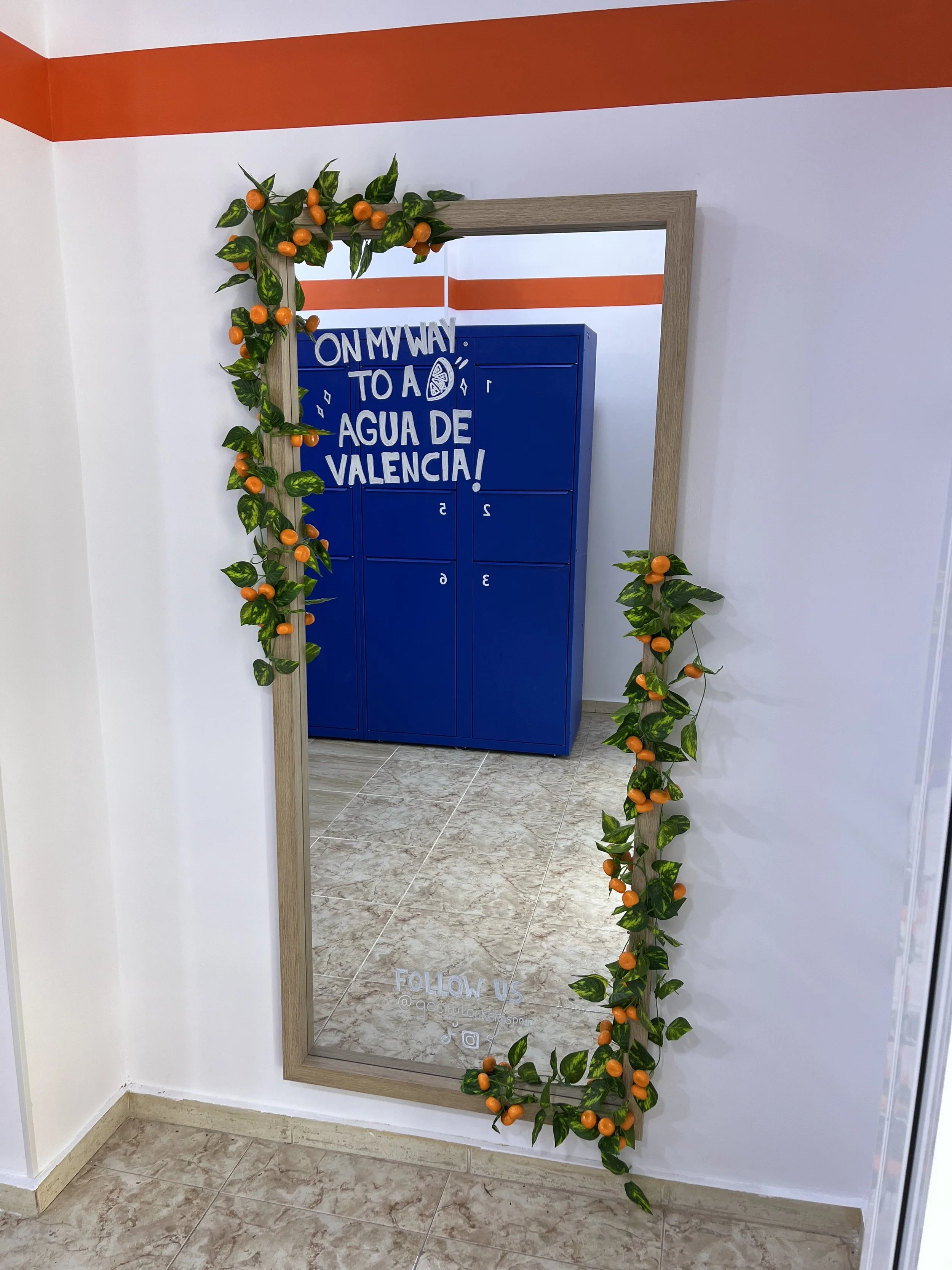 Decorative mirror surrounded by orange fruit and green leaves, with lockers and a painted wall in the background.
