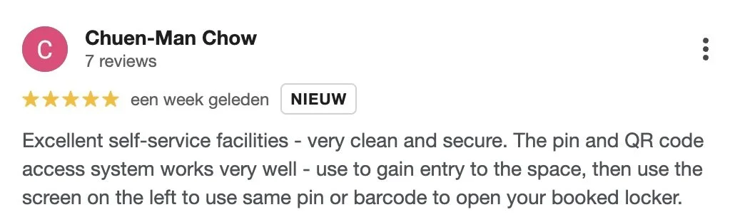Google Review with 5-star rating, describing self-service facilities, digital access system using PIN and QR code.