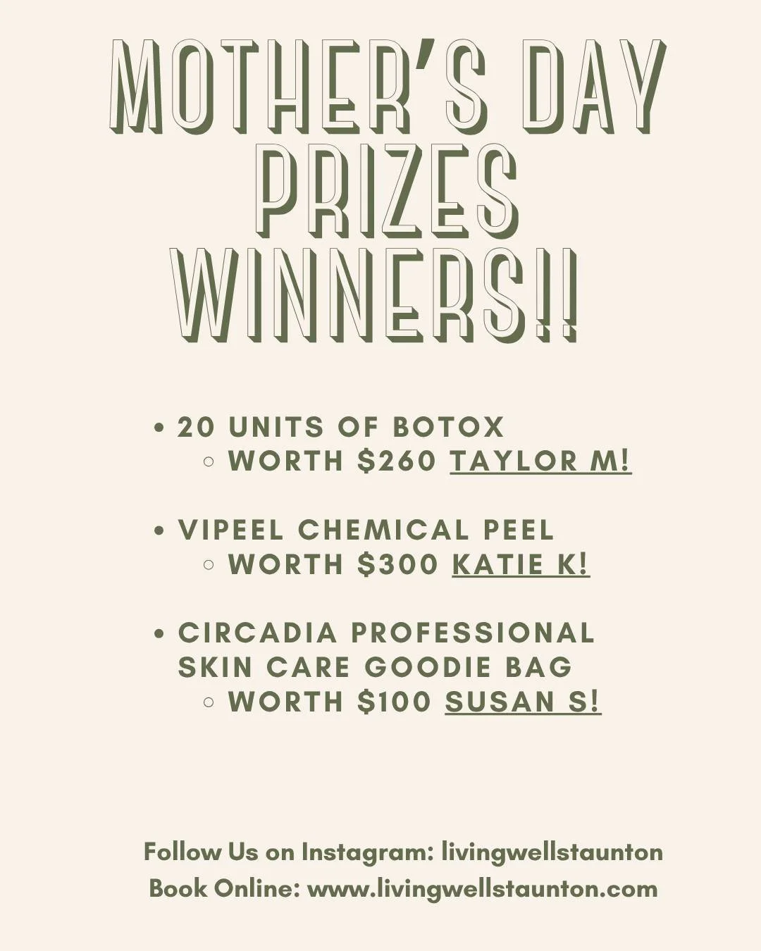 We have our Mother's Day Raffle Winners!! Congrats to our three lucky mommas,  book your service online at livingwellstaunton.com or text 540-414-1054:)