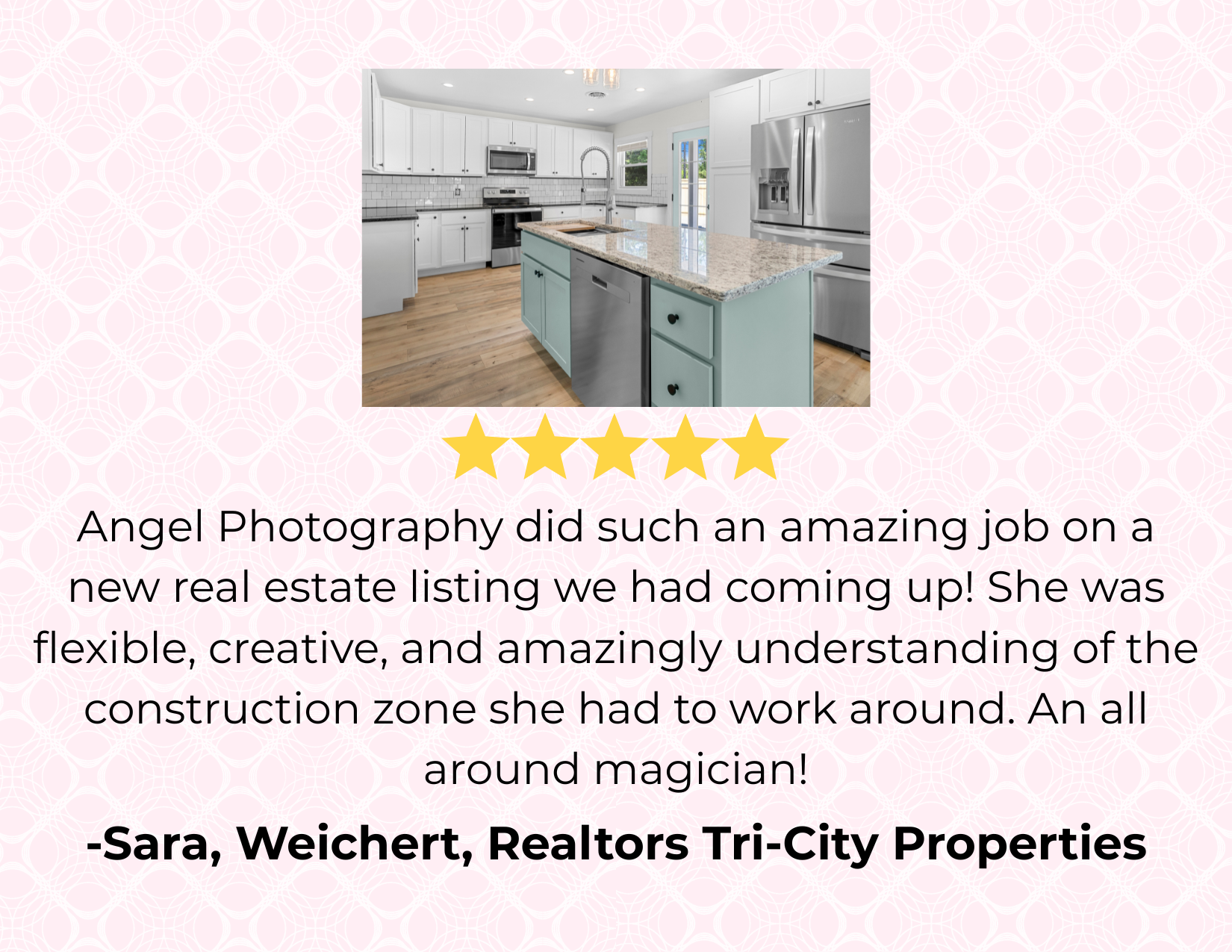 Testimonial for a real estate listing featuring a modern kitchen with white cabinets, stainless steel appliances, and a light blue kitchen island with black knobs. The background shows a pink pattern and includes five gold stars above the testimonial.