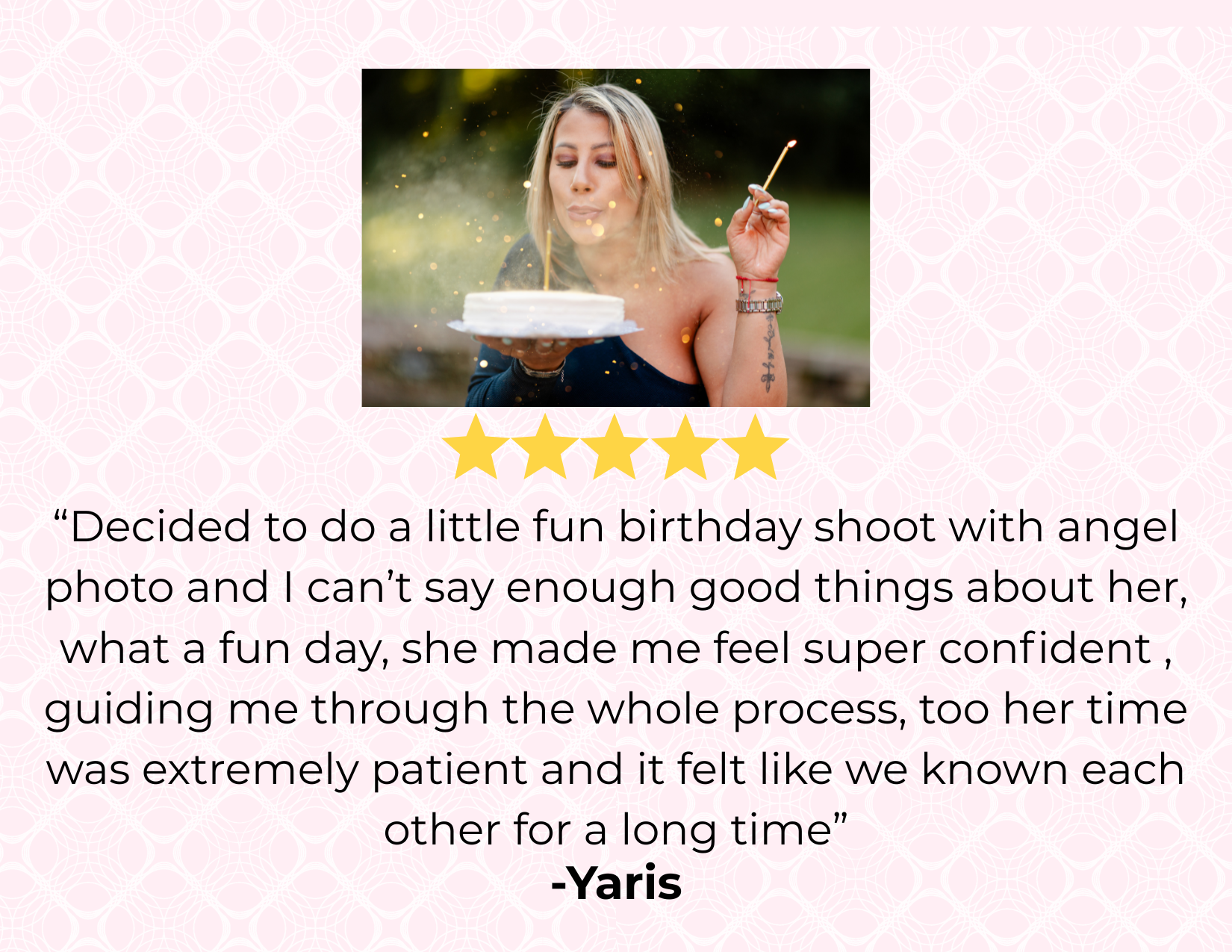 A woman celebrating her birthday outdoors with a cake and a sparkler.