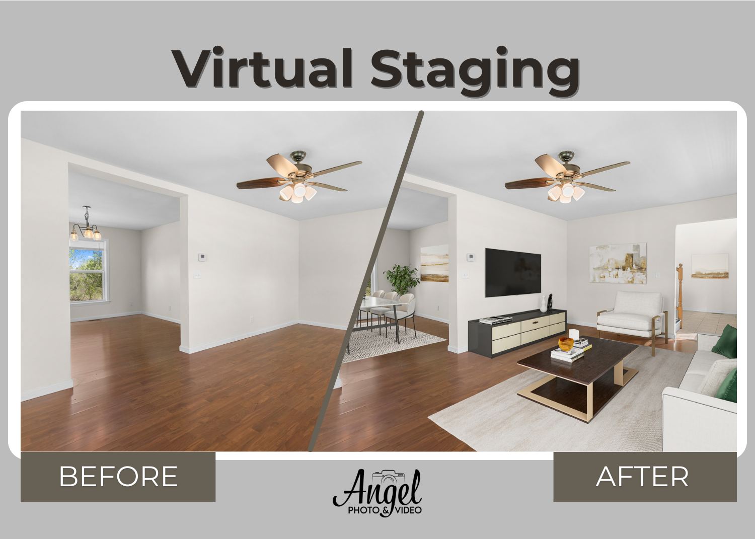 Side-by-side comparison of a living room before and after virtual staging. The before image shows an empty room with white walls, ceiling fan, window with trees outside, and hardwood flooring. The after image shows the same room with furniture includ