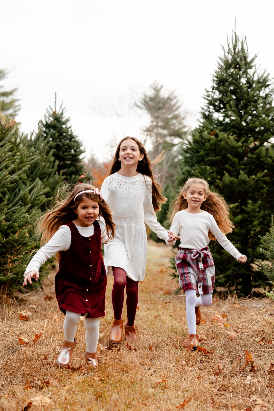 Three girls running and holding hands in a Christmas tree farm, surrounded by evergreen trees, during fall or winter.