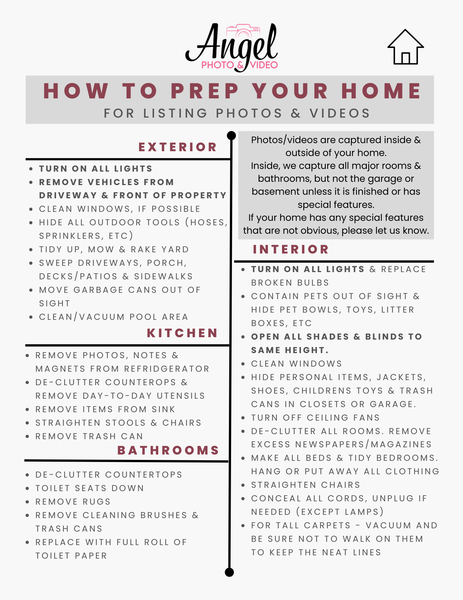 prep guide for real estate and short term rental property photography & videography. List of all the things you need to get ready for photoshoot day