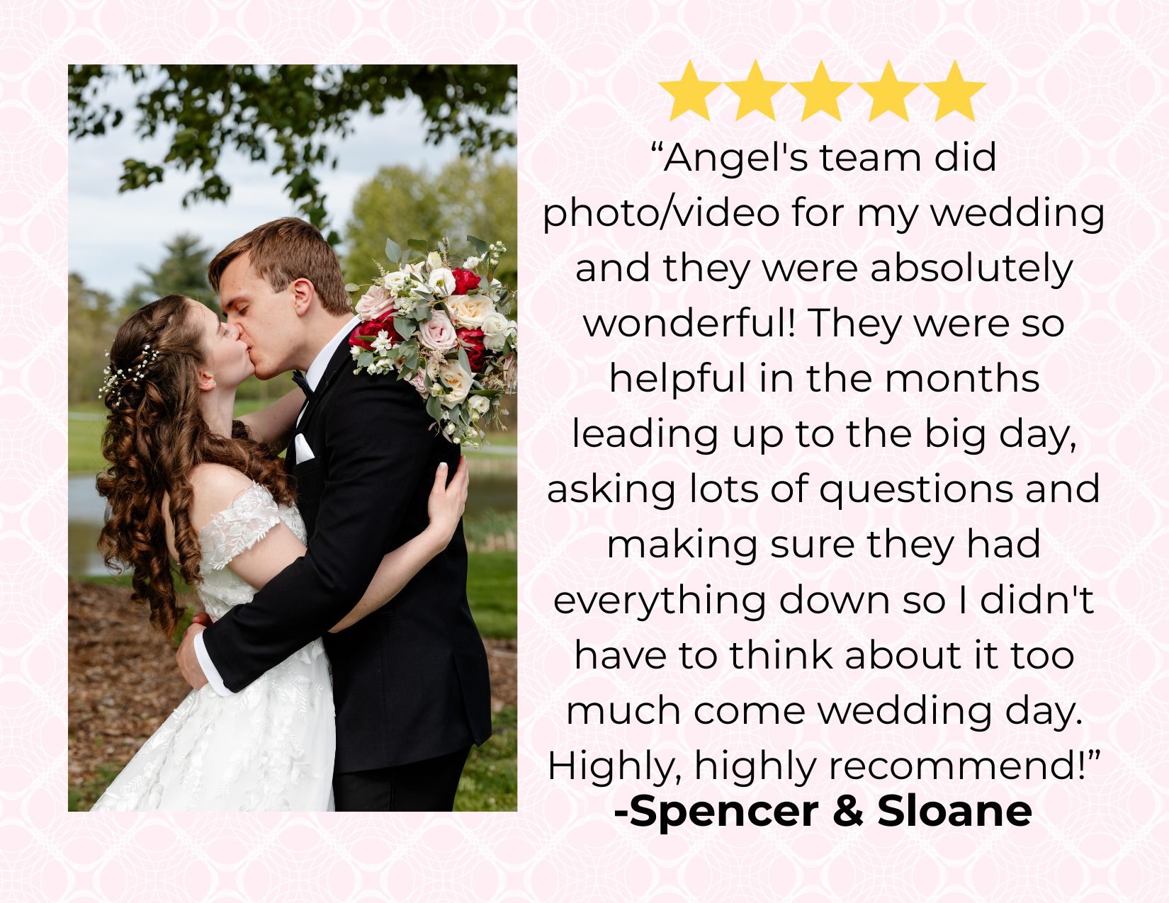 A bride and groom kissing outdoors, the bride is holding a large bouquet, and the groom is holding her close. The background has trees and a cloudy sky.
