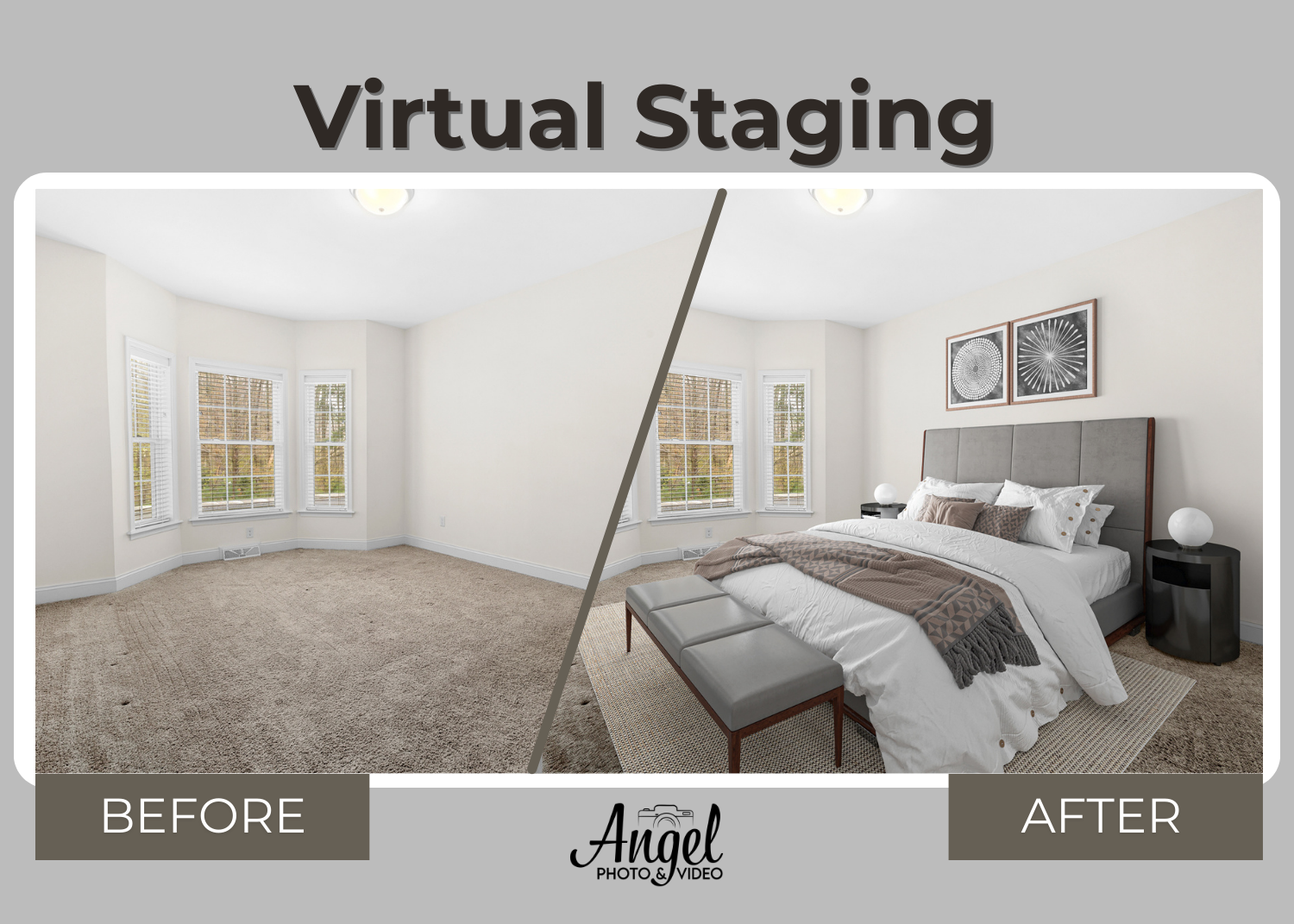 Comparison of a bedroom before and after renovation; the 'before' side shows an empty room with beige carpet, white walls, and multiple windows with white blinds, while the 'after' side shows the same room furnished with a bed, headboard, framed artw
