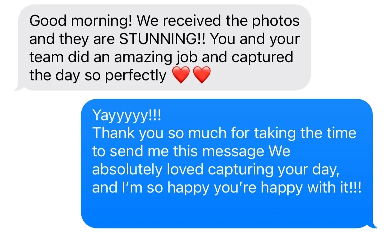 Screenshot of a text message conversation showing a positive and enthusiastic exchange about photos captured during a successful day.