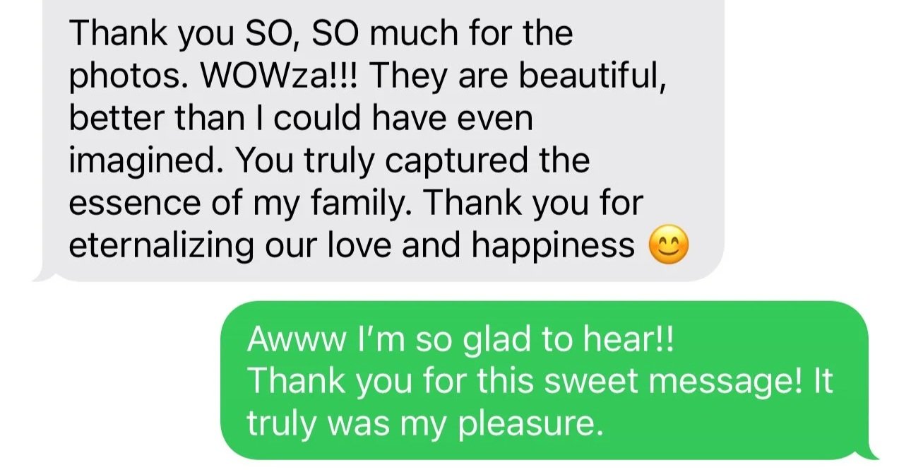 Screenshot of a text conversation expressing gratitude and happiness, with a smiley emoji at the end of the first message.