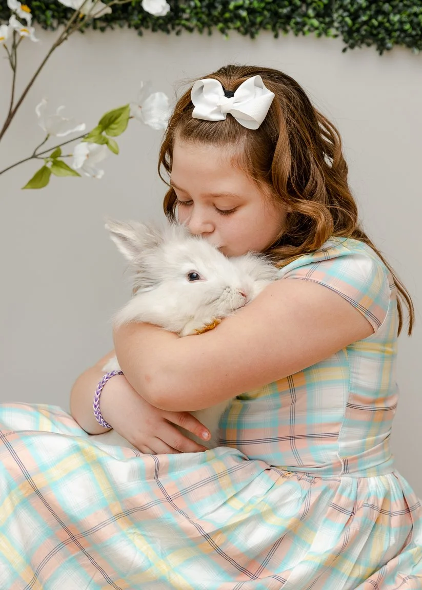 A young girl with a white bow in her hair holding and hugging a fluffy white rabbit.