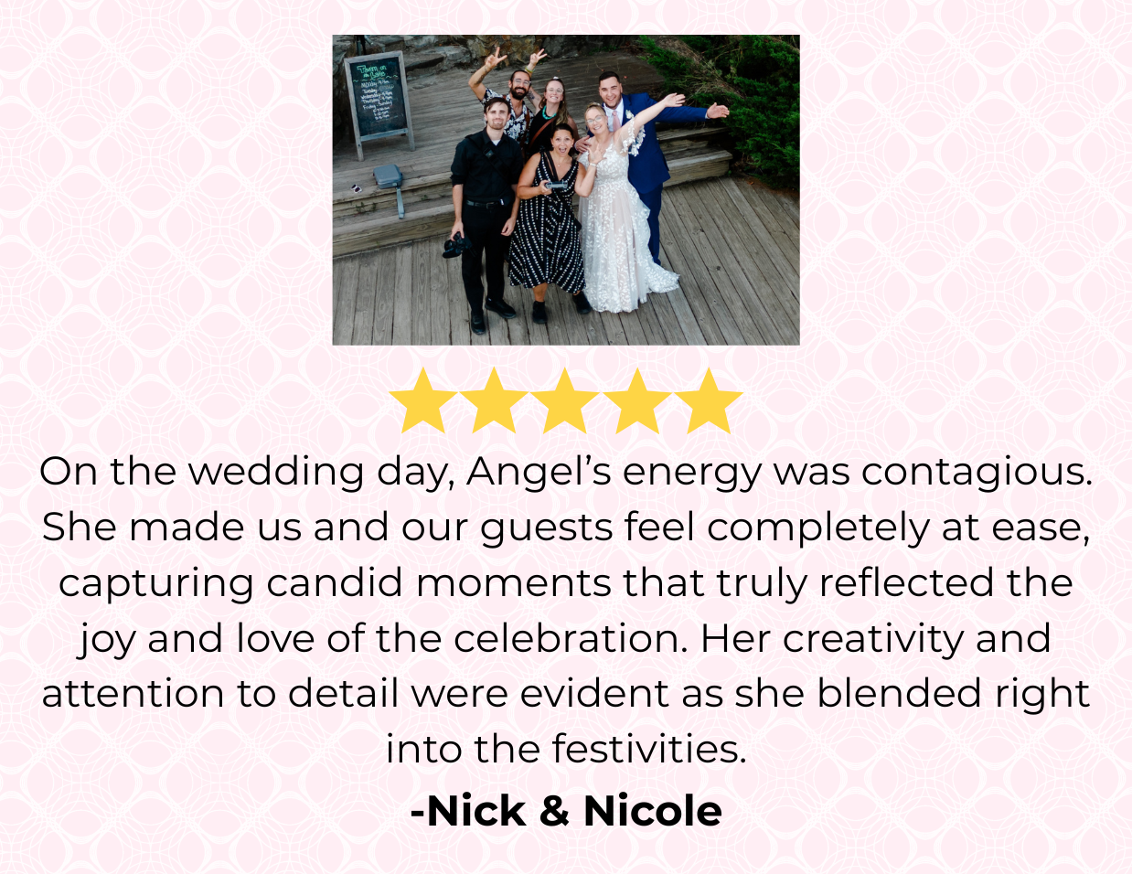 Client review of wedding photography and videography in Saratoga Springs for Angel Photo & Video