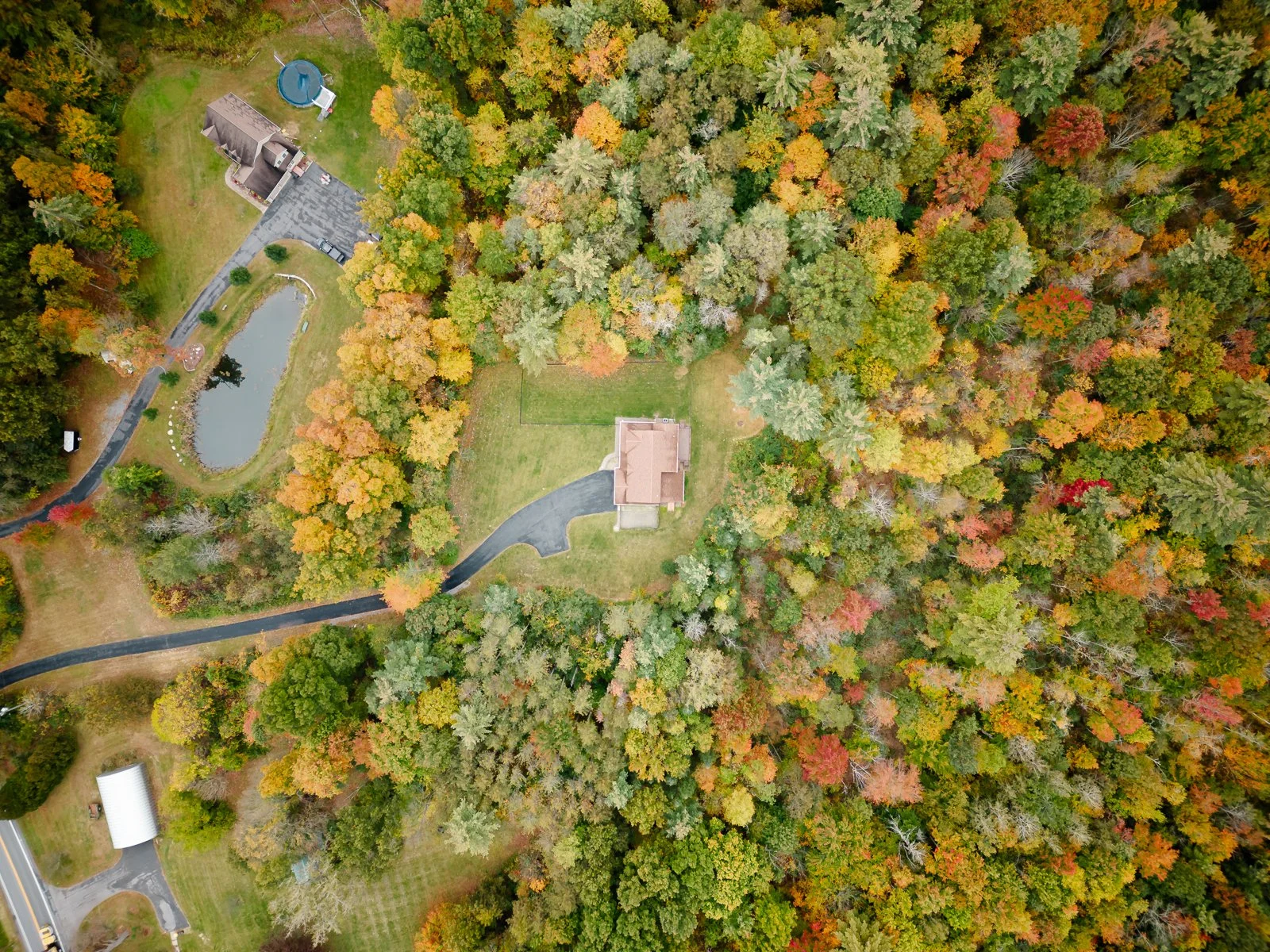 An aerial view of a house surrounded by colorful autumn trees, a small pond with a curved driveway, and a trampoline in the backyard.