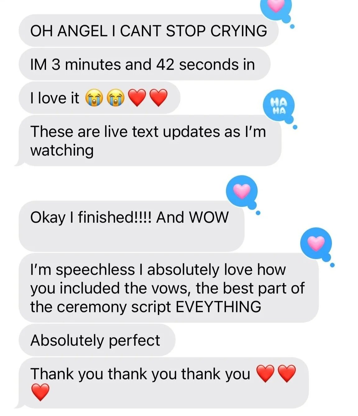 Screenshot of a text message conversation with praise and thanks for a ceremony script, using emojis and expressing emotional reactions.