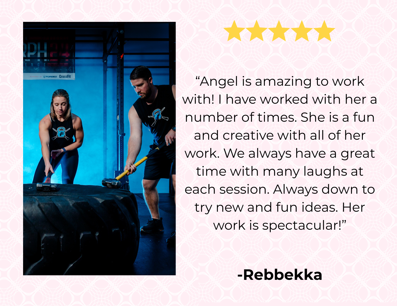 Two people working out in a gym with a large tire and sledgehammer, a woman is holding the sledgehammer and a man is using a sledgehammer on the tire, both wearing workout attire with a kettlebell logo.