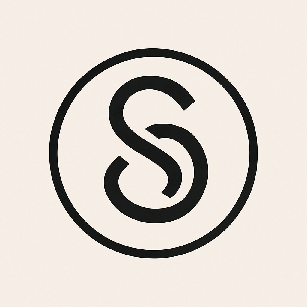 Black logo with a stylized 'S' inside a circle on a beige background.