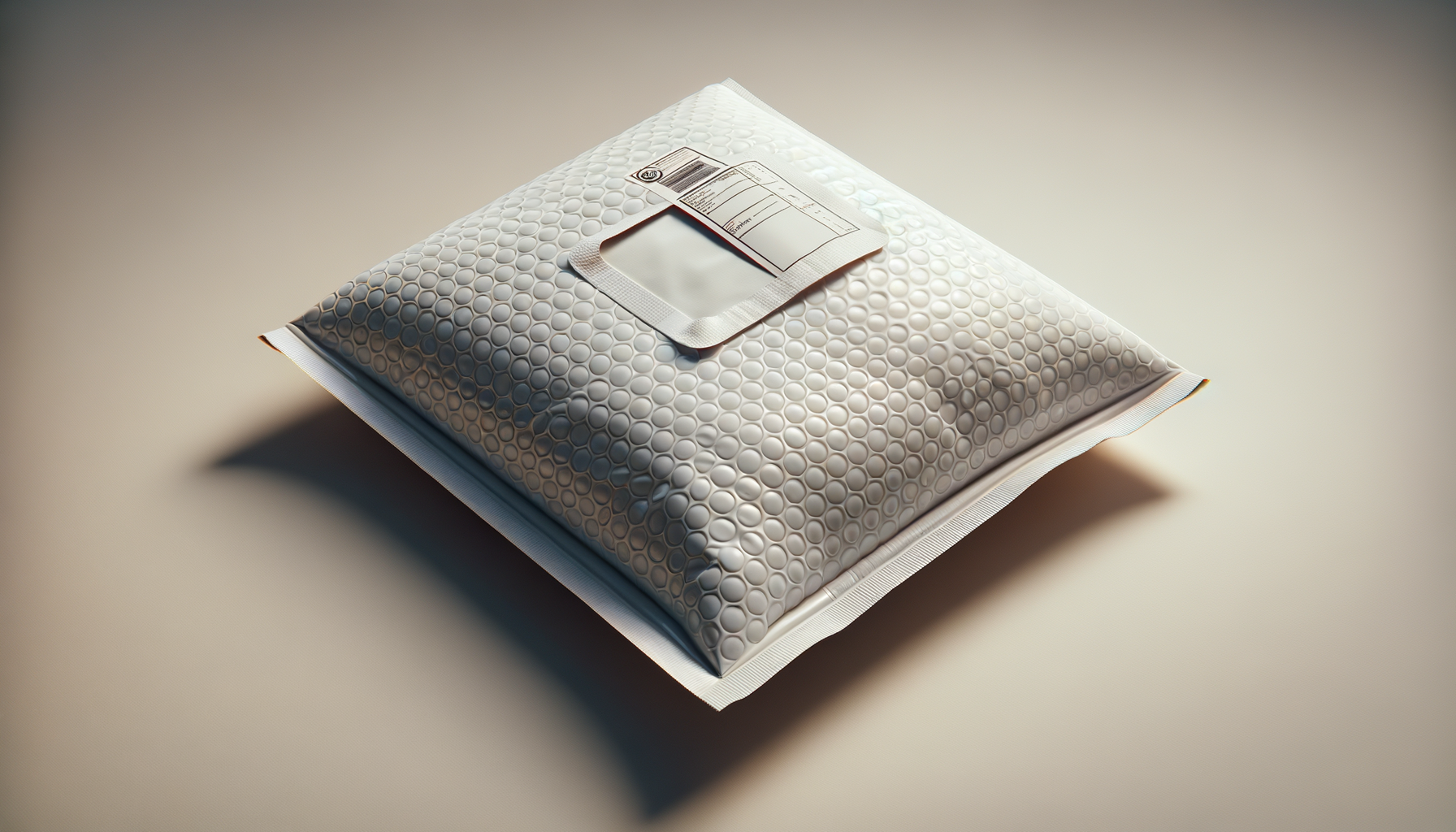 A sealed medical or pharmaceutical package with a white bubble wrap exterior and an attached label or barcode on top, placed on a plain surface.