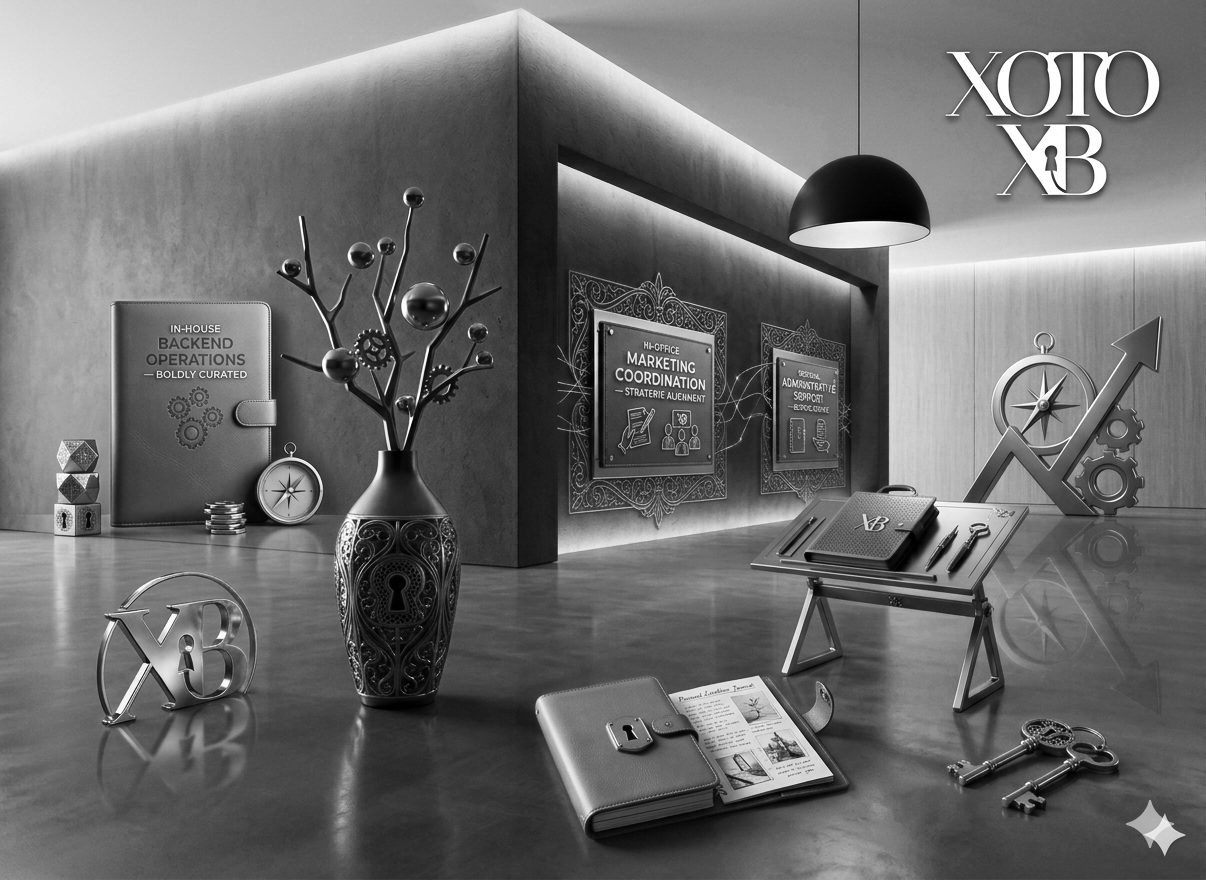 Black and white office workspace with a desk, decorative items, and informational posters on the wall. Items include a vase, books, keys, a notebook, a pen, and signs with initials 'XB'.