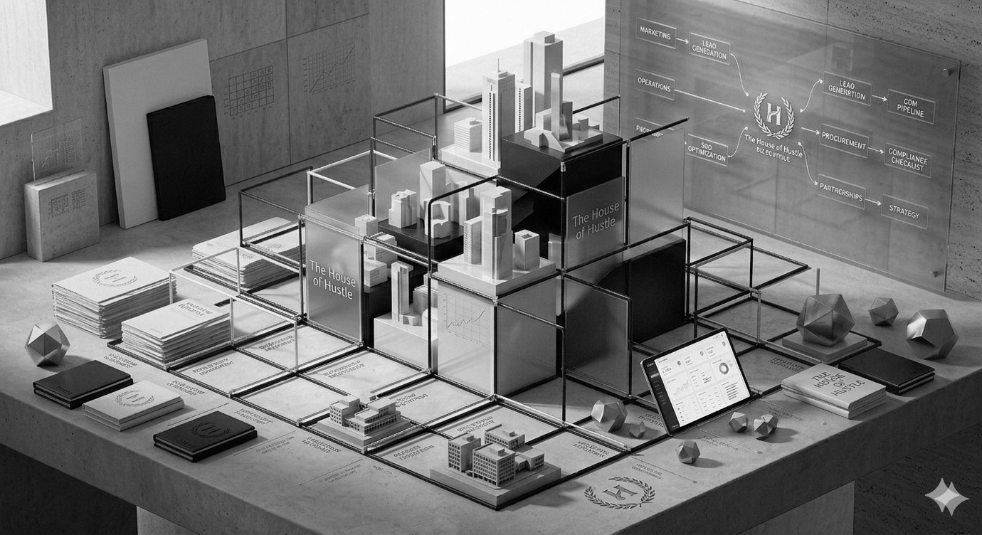 3D model display titled 'The House of Hustle' with buildings, charts, and materials on a table, and a wall chart with flowchart and processes.