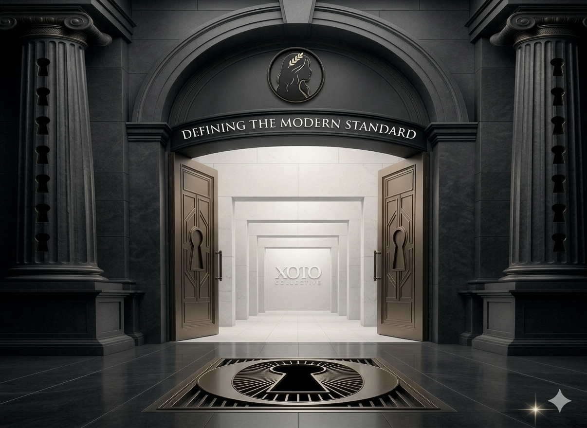 Dark grand entrance with open double doors leading into a white marble corridor with the text 'XOTO Collective' on the wall, and a black and gold logo with a woman's profile and wheat symbol above the archway, accompanied by the slogan 'Defining the Modern Standard'.