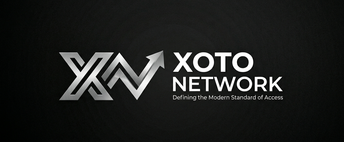 Logo for XOTO Network with stylized interconnected lines and an upward arrow, and the tagline "Defining the Modern Standard of Access" on a black background.
