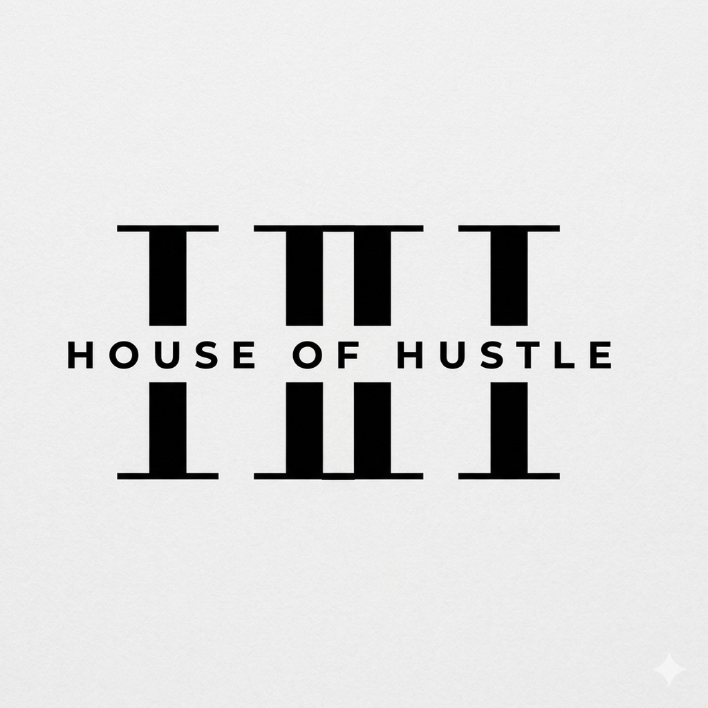 Black text against a white background with the words 'HOUSE OF HUSTLE' repeated and reflected, creating a symmetrical, mirror-like effect.