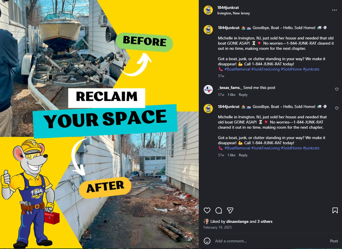 Side-by-side comparison of a narrow alleyway between two houses. The top image labeled 'BEFORE' shows a cluttered yard with broken boat parts and debris, while the bottom image labeled 'AFTER' shows a cleaned, cleared alleyway with minimal debris. A cartoon mouse character wearing a yellow hard hat and blue overalls, giving a thumbs up, appears in the lower left corner.