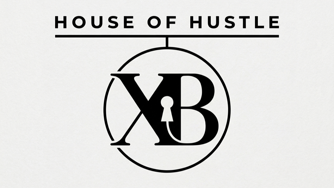 Stylized black and white logo with the words 'HOUSE OF HUSTLE' above a circular emblem containing the overlapping letters 'X' and 'B' with a keyhole shape in the center.