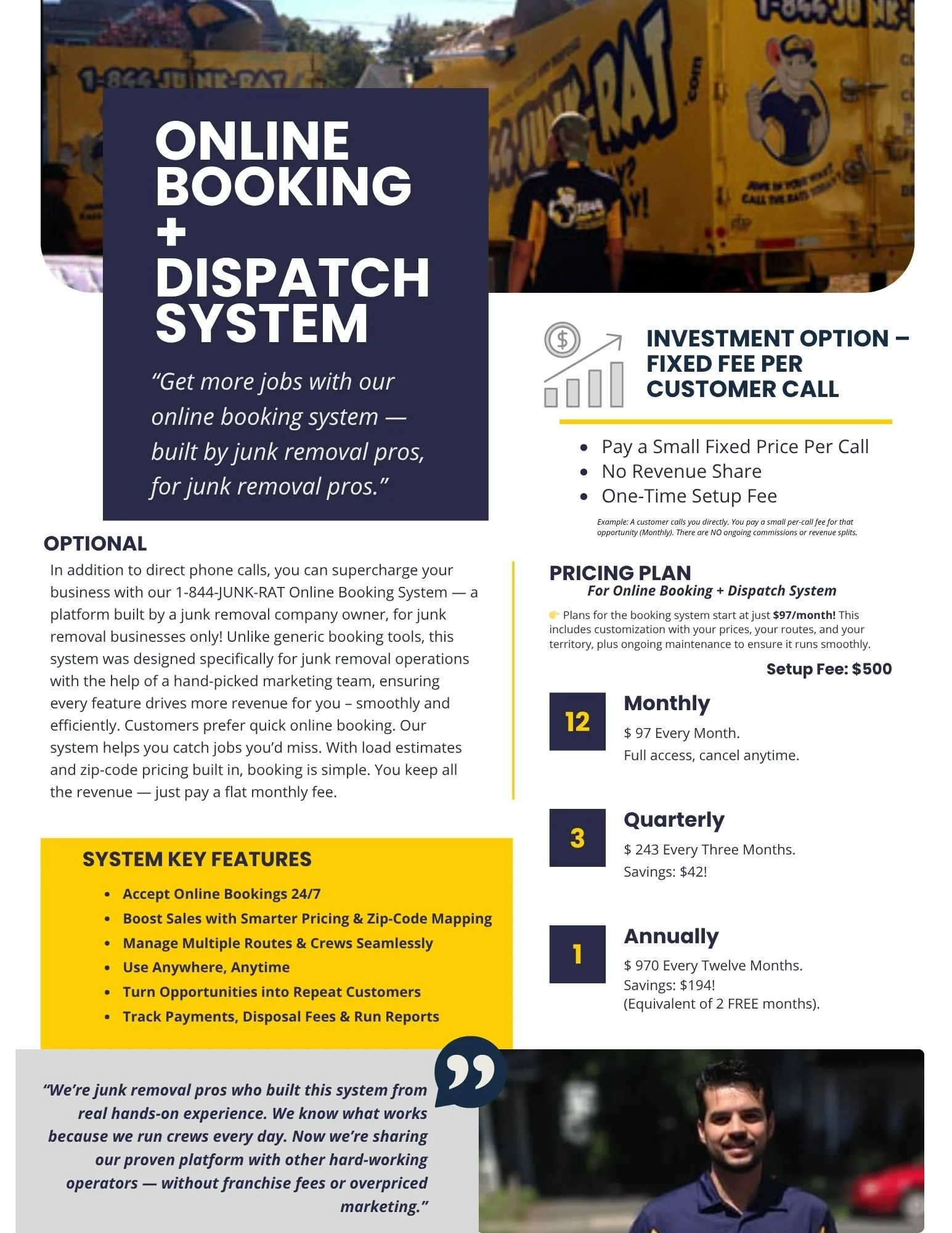 Flyer advertising an online booking and dispatch system for junk removal businesses, featuring features, pricing plans, and a testimonial.