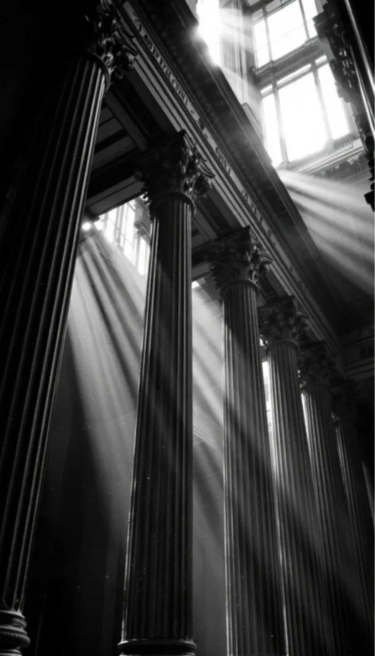 Sunlight streaming through large windows into a grand hall with tall, ornate columns.