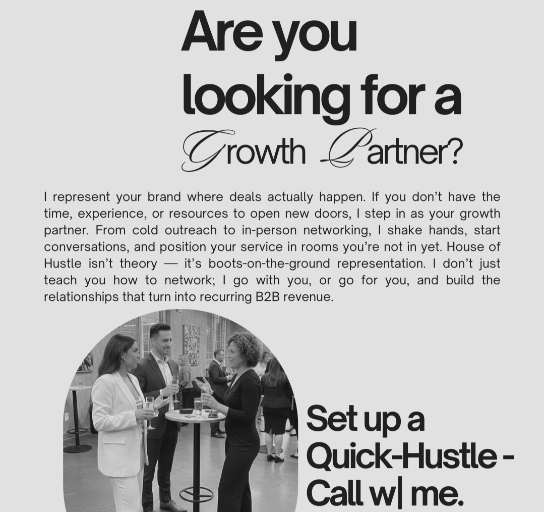 A promotional flyer for business growth partnership, featuring large bold text asking 'Are you looking for a Growth Partner?' and additional text describing services, with a black and white photo of professionals networking at a business event.