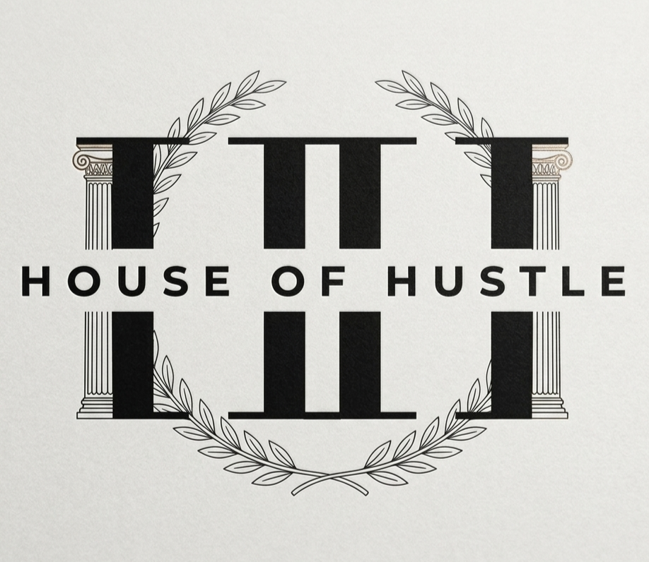 A logo with the text 'TTT House of Hustle' surrounded by decorative columns and laurel branches.