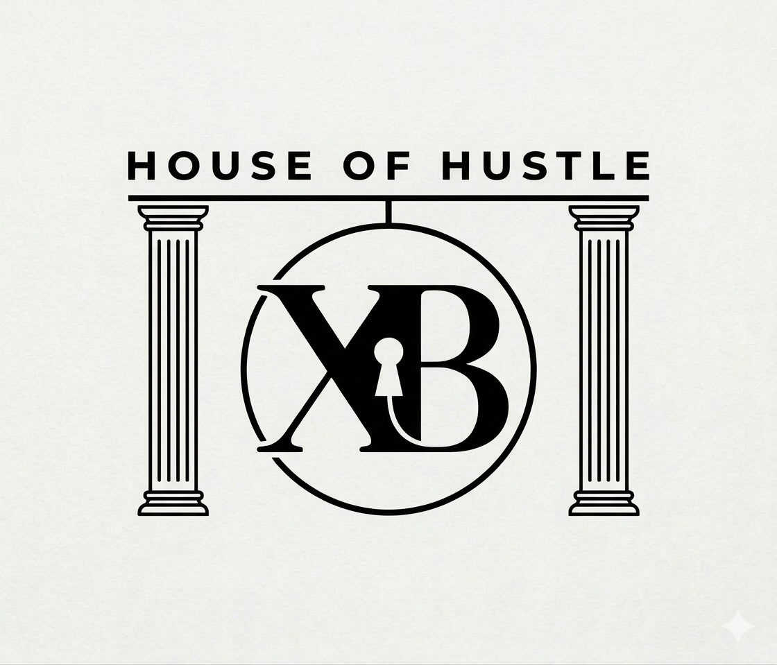 Logo with the text 'House of Hustle' above two columns, featuring a circular emblem with overlapping letters X and B, and a small keyhole shape in the center.