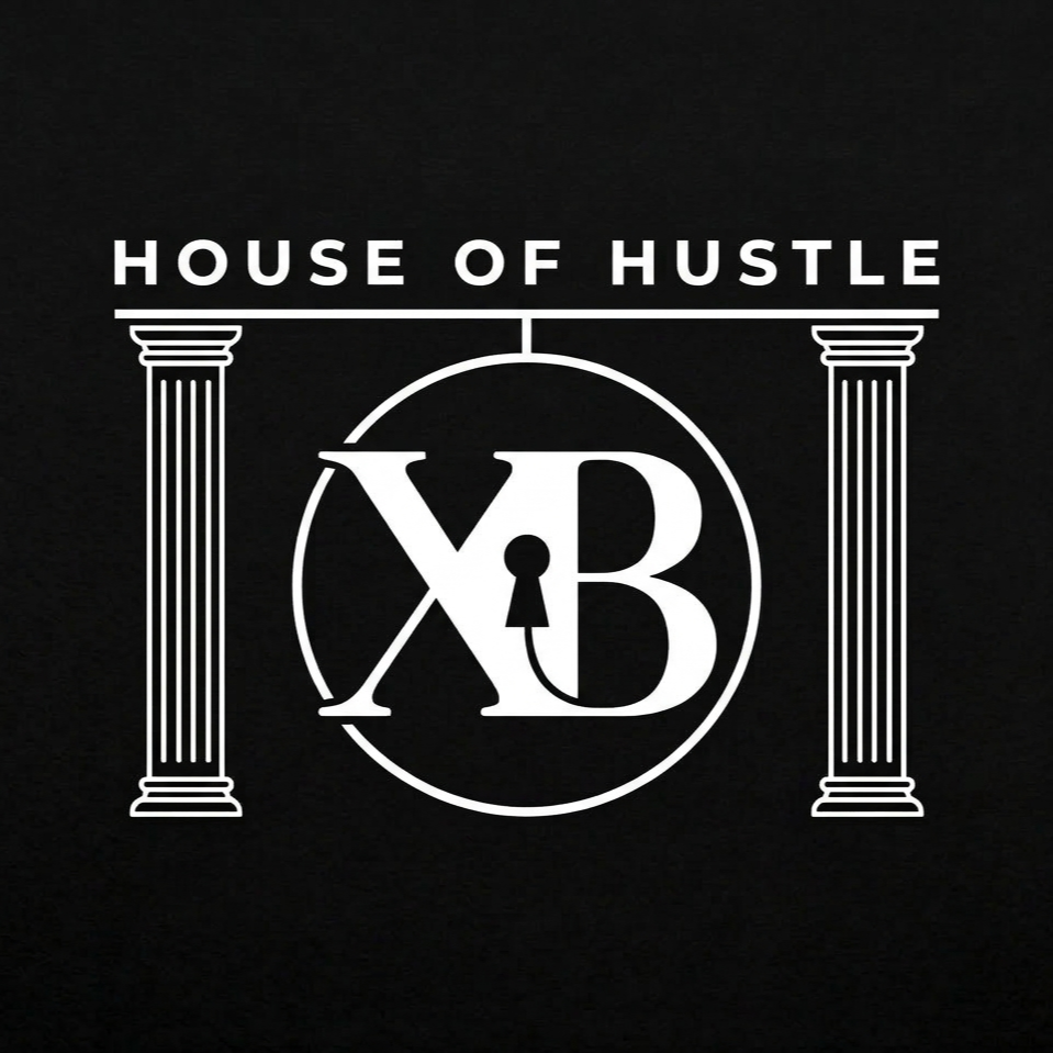 Logo with the words 'House of Hustle' and a symbol with the letters X and B, surrounded by two columns.