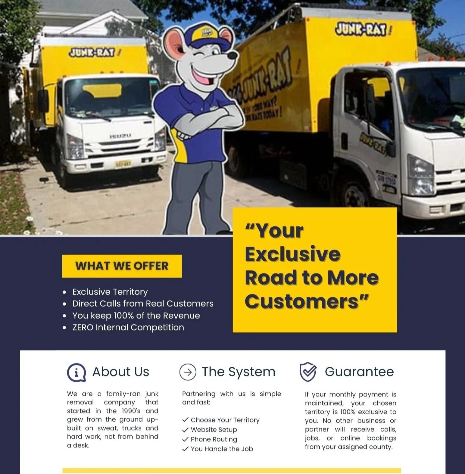 A business flyer featuring cartoon rat mascot standing with crossed arms in front of three junk removal trucks with yellow and white branding.