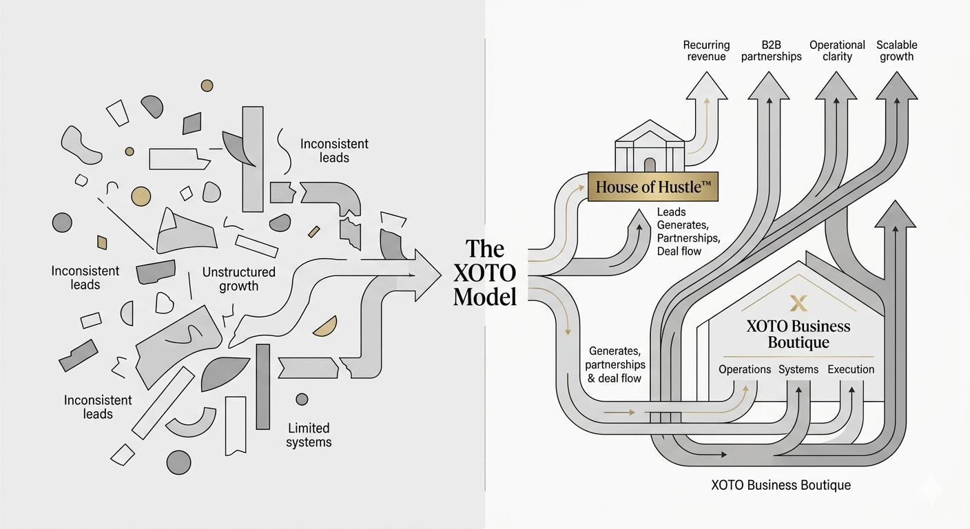 A flowchart comparing the traditional XOTO Model with the XOTO Business Boutique approach, illustrating problems like inconsistent leads and limited systems on the left, and solutions involving the House of Hustle, generating revenue, partnerships, clarity, and scalable growth on the right.