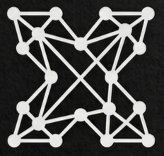 An abstract geometric design with interconnected white lines and dots on a black background