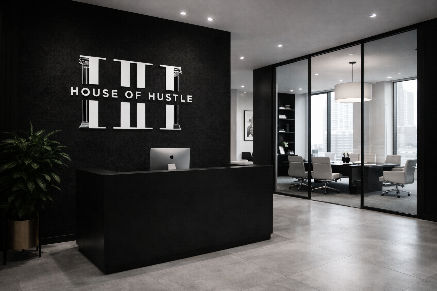 Modern office reception area with a black wall featuring the logo 'House of Hustle' and the initials 'HOH' with pillars. There is a black reception desk with an iMac computer, a potted plant to the left, and a glass partition leading to a conference room with a large table and white chairs.