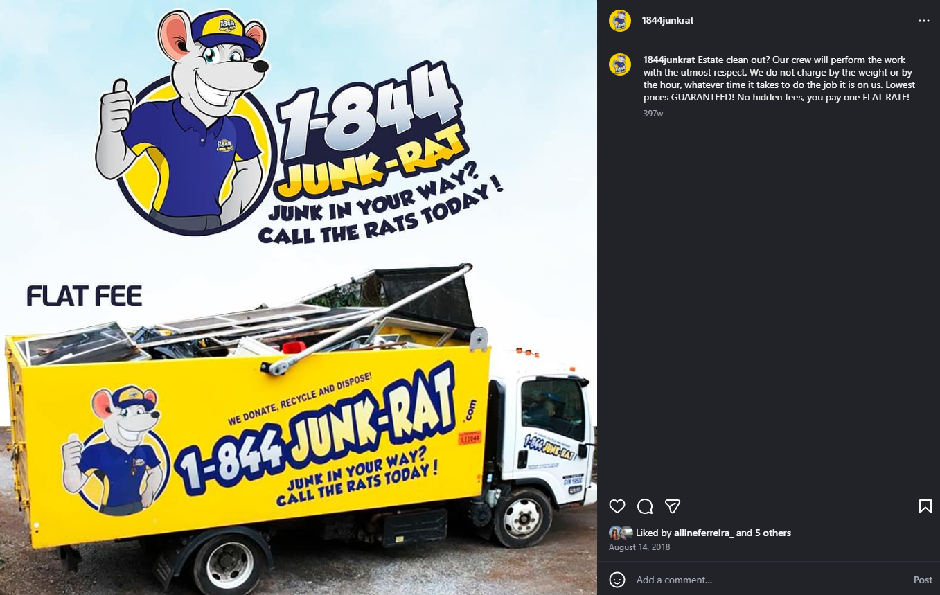 A colorful advertisement for 1-844 Junk-Rat featuring a cartoon rat mascot in a blue uniform and cap. The truck is yellow with branding and the slogan 'Junk in your way? Call the rats today!' The truck is filled with junk and debris.