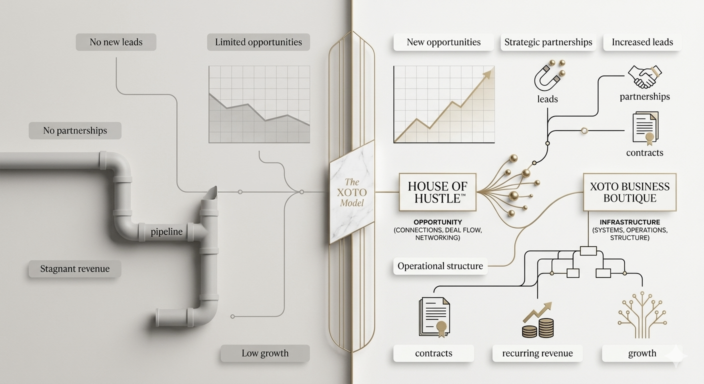 Diagram illustrating the XOTO Business Funnel Model, showing stages from no leads and no partnerships to increased leads, partnerships, contracts, recurring revenue, and growth, with a pipeline, charts, and icons representing opportunities, infrastructure, and operational structures.