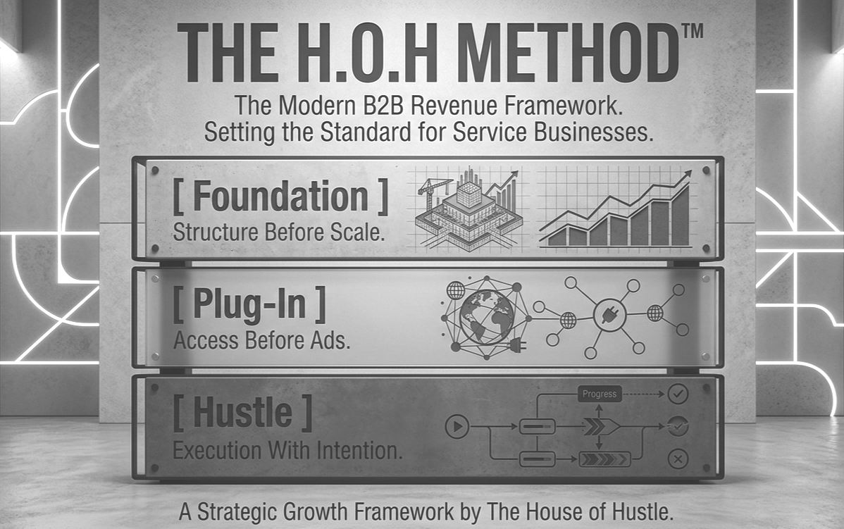 A promotional display for The H.O.H Method, a B2B revenue framework by The House of Hustle. It features three steps: Foundation (structure before scale), Plug-In (access before ads), and Hustle (execution with intention). Each step is represented with icons and descriptions.
