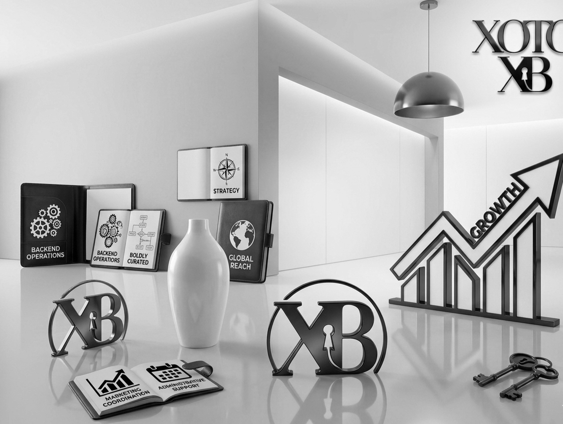 Black and white office desk with folders labeled Backend Operations, Backend Operations, Boldly Curated, and Global Reach, a white vase, marketing coordination and administrative support notepads, XOTC and XB logos, a growth chart arrow sign, keys, and a modern ceiling light.