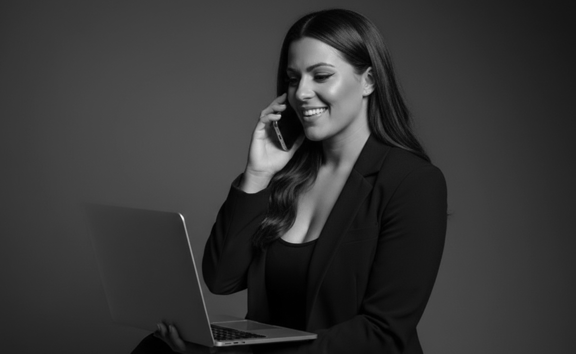 A woman with long hair smiling while talking on a mobile phone, sitting with a laptop.