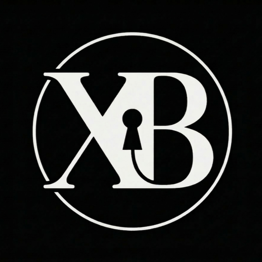 Black background with white circular logo featuring stylized letters V and B, with a keyhole shape inside the letter V and a key-shaped line within the letter B.