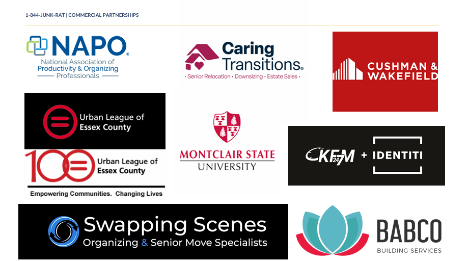 Collage of logos from various organizations including NAPO, Caring Transitions, Cushman & Wakefield, Urban League of Essex County, Montclair State University, KF+IDENTI, Swapping Scenes, and BABCO Building Services.