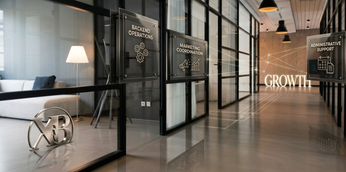 Modern office hallway with glass-walled rooms labeled Backend Operations, Marketing Coordination, and Administrative Support. There is a sofa and lamp in a lounge area, and the word "GROWTH" is illuminated at the end of the hallway.