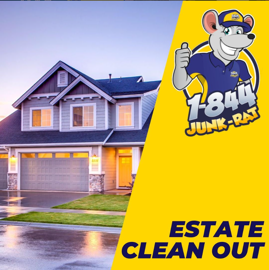 A two-story house with a front yard and a garage, photographed during dusk with lights on inside, and a yellow diagonal banner on the right side promoting Junk-Rat with a cartoon rat mascot and the text 'Estate Clean Out'.