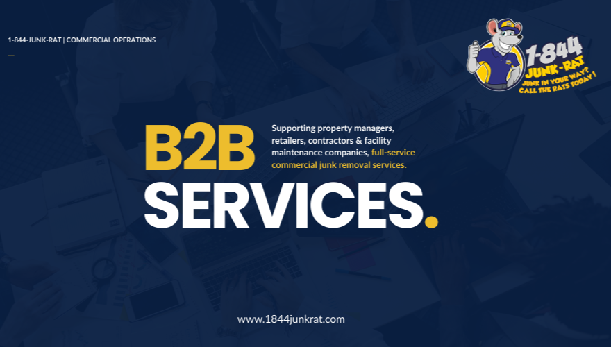 Graphic advertising B2B junk removal services featuring a cartoon rat mascot wearing a cap, with the contact number 1-844-JUNK-RAT and the website www.1844junkrat.com. The background displays a faint image of an office or warehouse clutter.