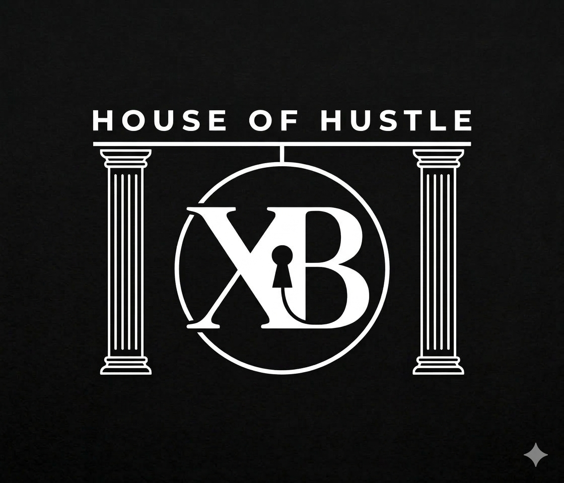Logo with two columns and the text "House of Hustle" above a circle containing the letters "X" and "B" with a keyhole in between, symbolizing a secret society or club.