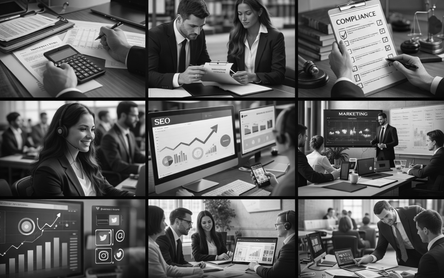Black and white collage of business meetings, presentations, and analysis with people working on computers, discussing data, and reviewing reports.